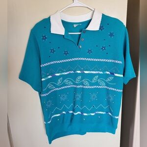 Vintage 90s embroidered polo with flowers, beading and ribbon detail